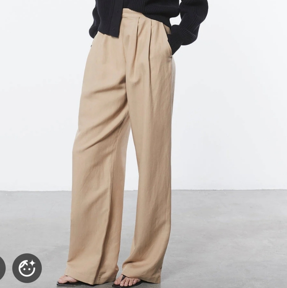 Enza Costa Twill Linen Blend Wide Leg Beige Pleated Trousers Sz L/12 Minimalist